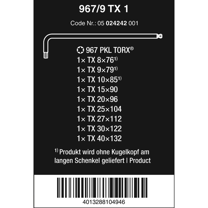 Wera 967/9 TX 1 L-key set, BlackLaser, 9 pieces