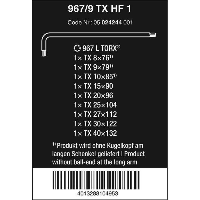 Wera 967/9 TX HF 1 L-key set with holding function, BlackLaser, 9 pieces