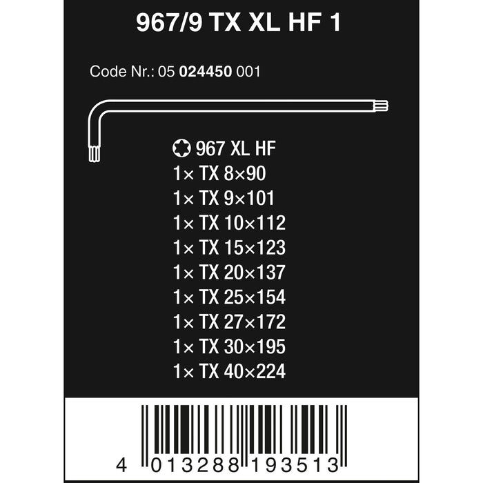 Wera 967/9 TX XL HF 1 L-key set with holding function, long, 9 pieces