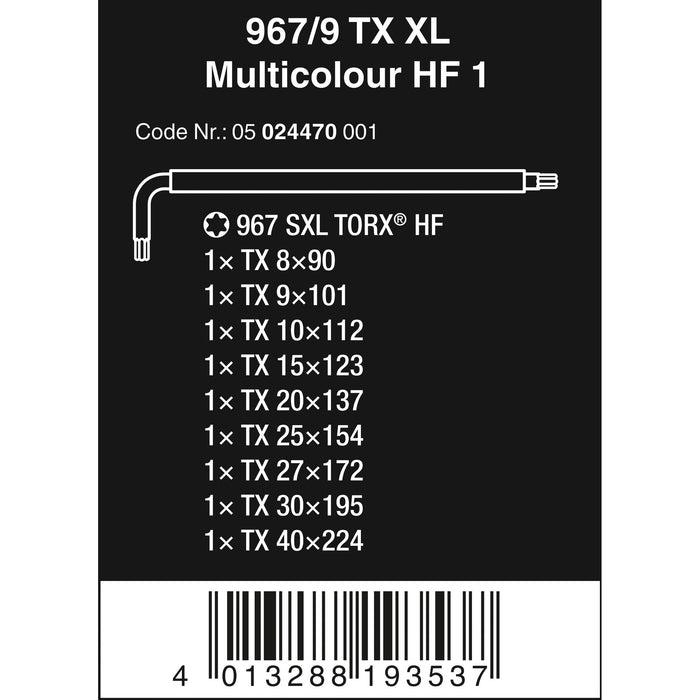 Wera 967/9 TX XL Multicolour HF 1 L-key set with holding function, long, 9 pieces