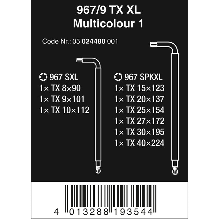 Wera 967/9 TX XL Multicolour 1 L-key set for TORX® screws, long, 9 pieces
