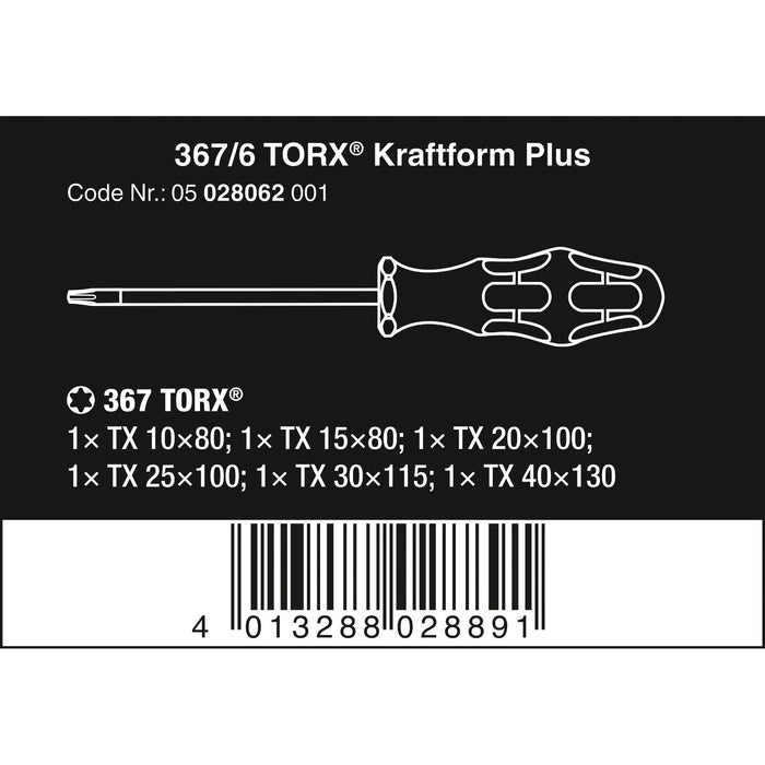 Wera 367/6 TORX® Screwdriver set Kraftform Plus and rack, 6 pieces