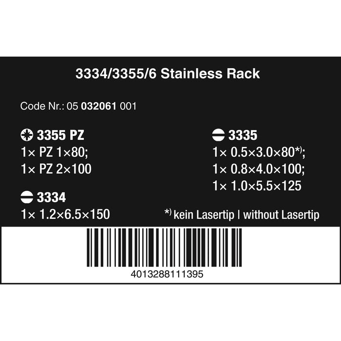 Wera 3334/3355/6 Screwdriver set, stainless and rack, 6 pieces