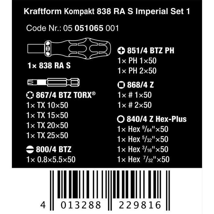 Wera Kraftform Kompakt 838 RA S Imperial Set 1, 14 pieces