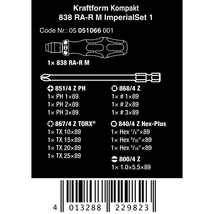 Wera Kraftform Kompakt 838 RA-R M Imperial Set 1, 15 pieces