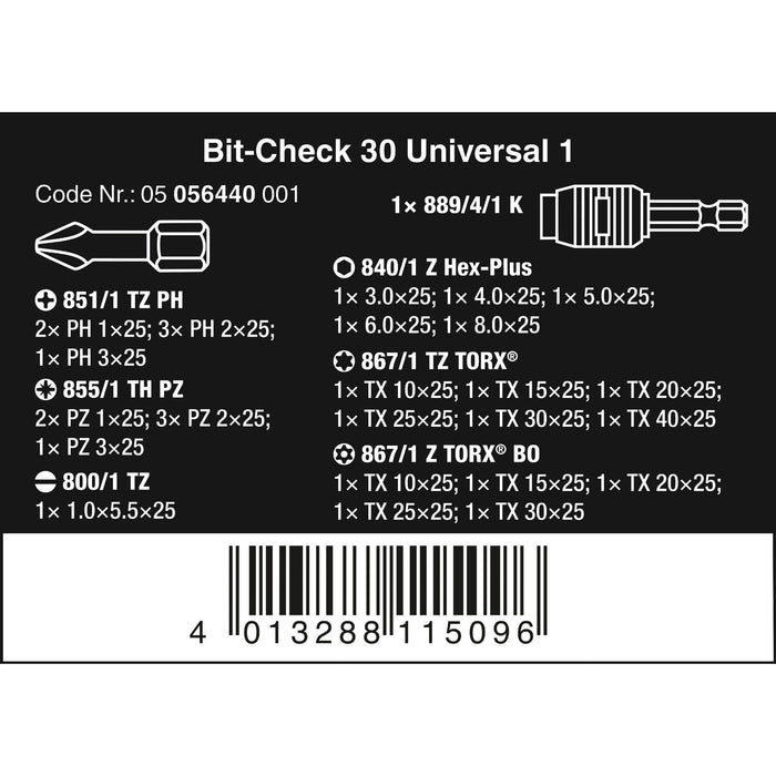 Wera Bit-Check 30 Universal 1, 30 pieces