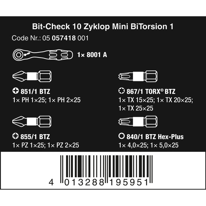 Wera Bit-Check 10 Zyklop Mini BiTorsion 1, 10 pieces