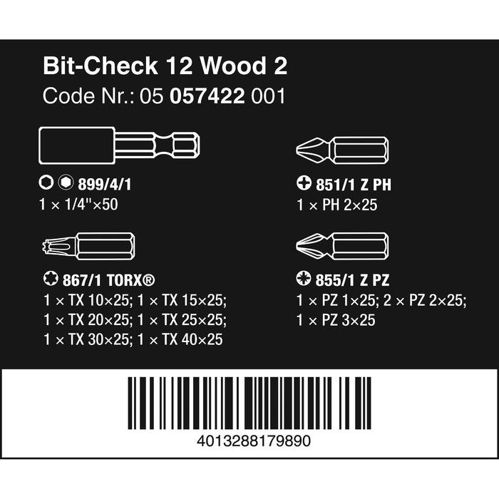 Wera Bit-Check 12 Wood 2, 12 pieces