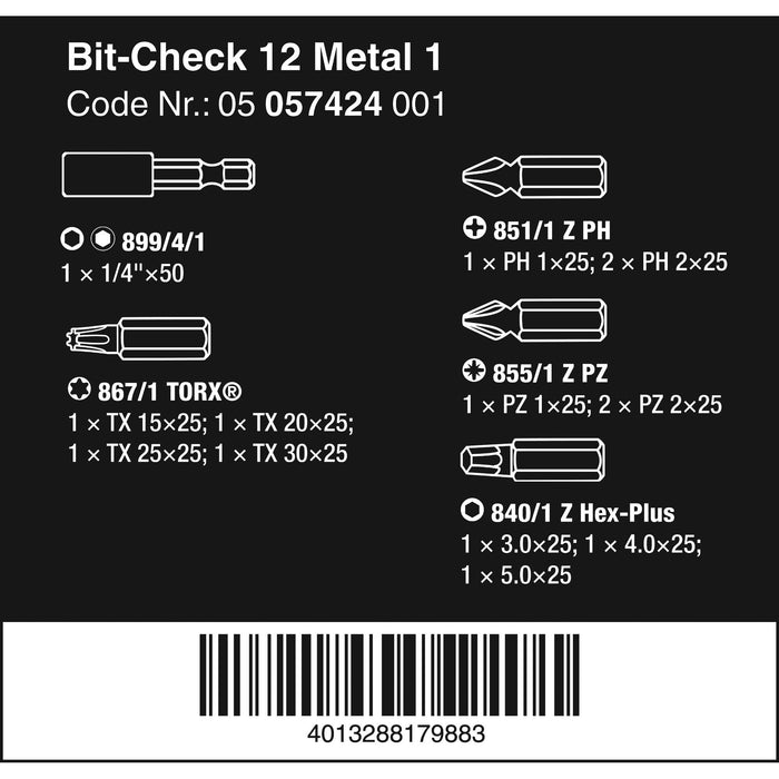 Wera Bit-Check 12 Metal 1, 12 pieces