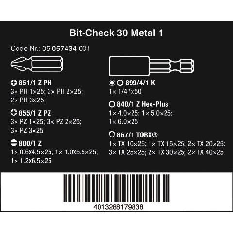 Wera Bit-Check 30 Metal 1, 30 pieces