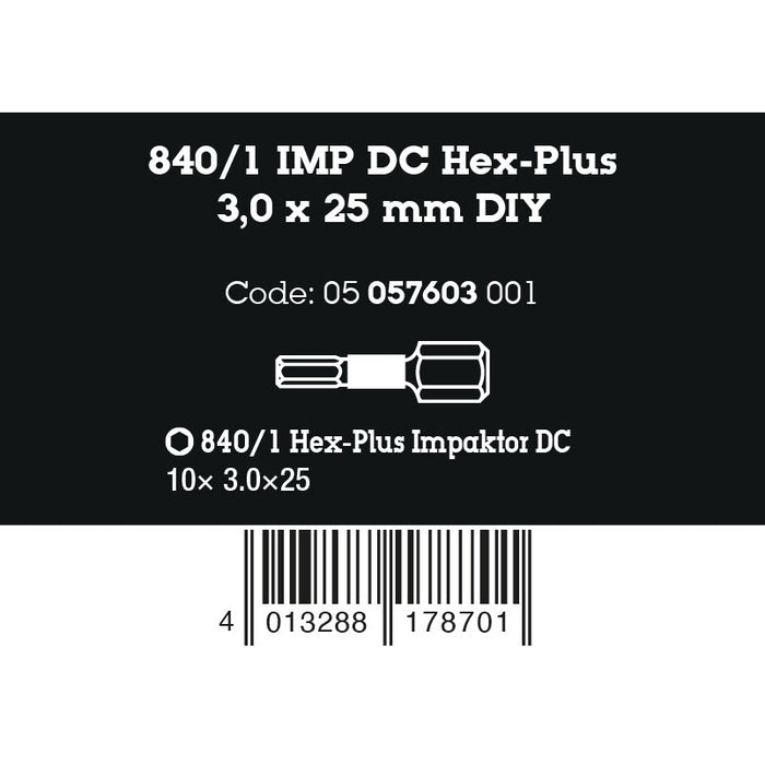 Wera 840/1 IMP DC Hex-Plus DIY Impaktor bits, 3 x 25 mm, 10 pieces