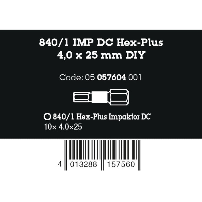 Wera 840/1 IMP DC Hex-Plus DIY Impaktor bits, 4 x 25 mm, 10 pieces