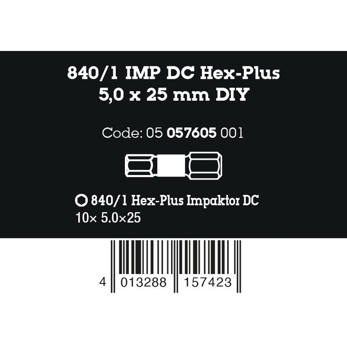 Wera 840/1 IMP DC Hex-Plus DIY Impaktor bits, 5 x 25 mm, 10 pieces