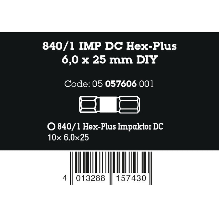 Wera 840/1 IMP DC Hex-Plus DIY Impaktor bits, 6 x 25 mm, 10 pieces