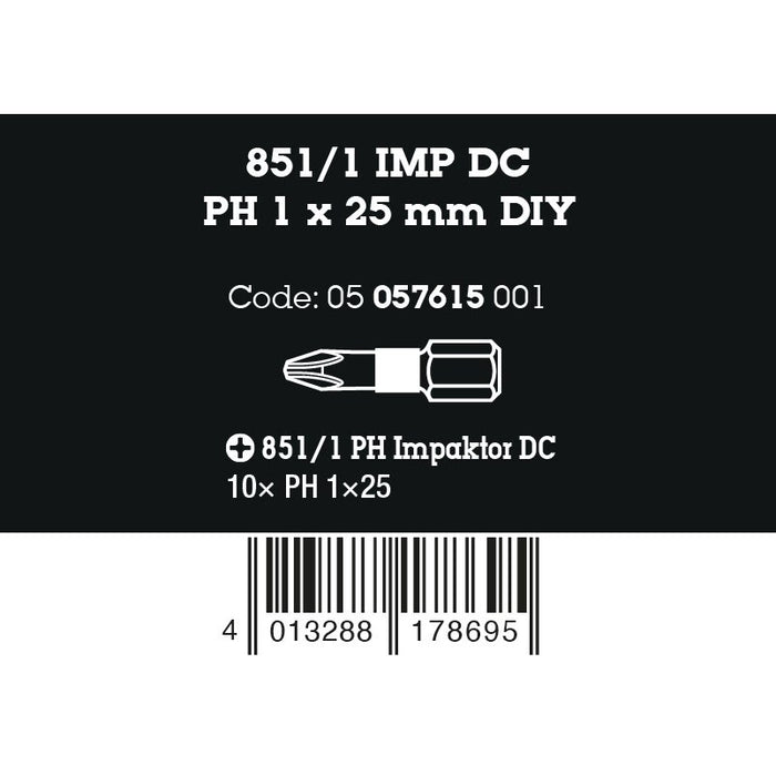 Wera 851/1 IMP DC PH DIY Impaktor PH bits, PH 1 x 25 mm, 10 pieces