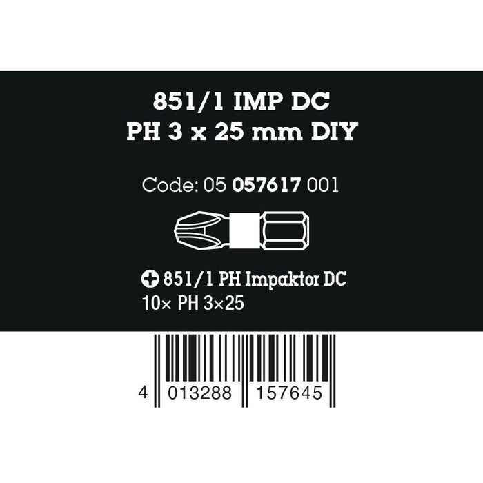 Wera 851/1 IMP DC PH DIY Impaktor PH bits, PH 3 x 25 mm, 10 pieces