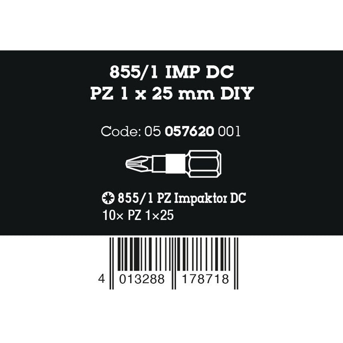 Wera 855/1 IMP DC PZ DIY Impaktor bits, PZ 1 x 25 mm, 10 pieces