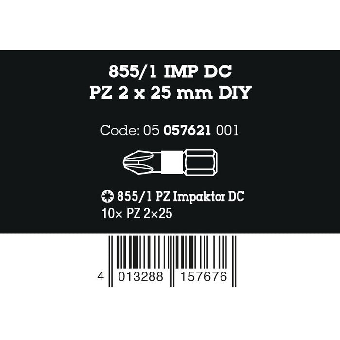 Wera 855/1 IMP DC PZ DIY Impaktor bits, PZ 2 x 25 mm, 10 pieces