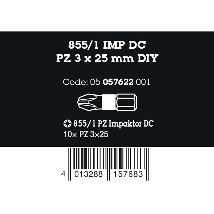 Wera 855/1 IMP DC PZ DIY Impaktor bits, PZ 3 x 25 mm, 10 pieces
