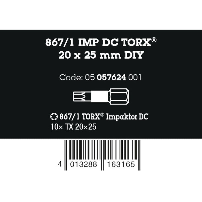 Wera 867/1 IMP DC TORX® DIY Impaktor bits, TX 20 x 25 mm, 10 pieces