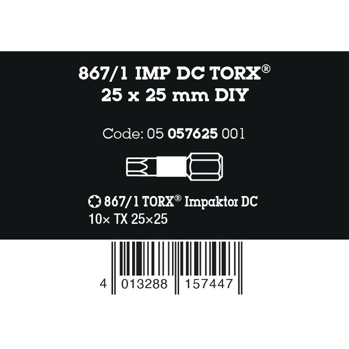 Wera 867/1 IMP DC TORX® DIY Impaktor bits, TX 25 x 25 mm, 10 pieces