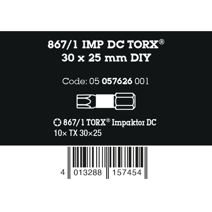 Wera 867/1 IMP DC TORX® DIY Impaktor bits, TX 30 x 25 mm, 10 pieces