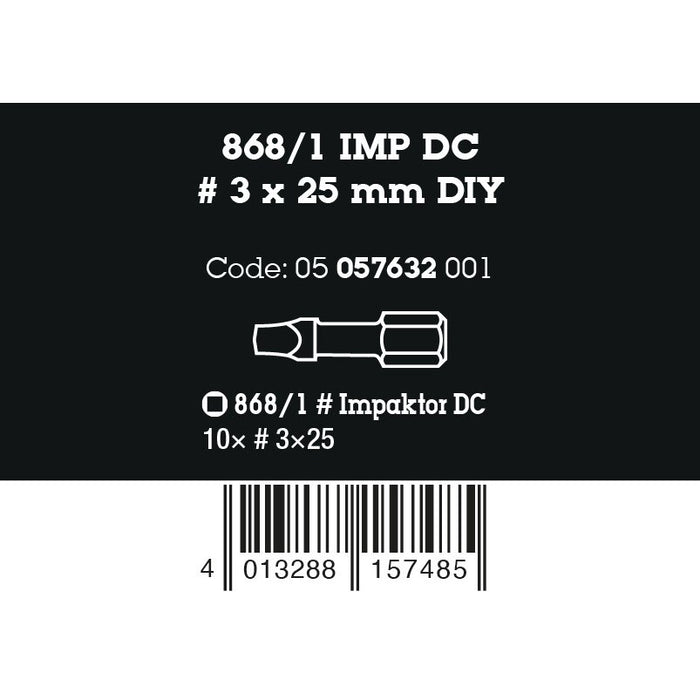 Wera 868/1 IMP DC DIY Impaktor square head socket bits, # 3 x 25 mm, 10 pieces