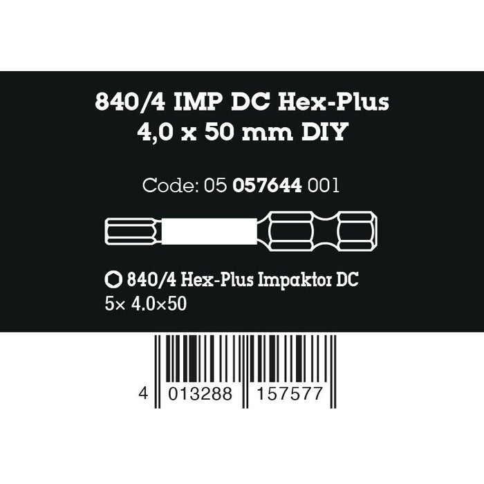 Wera 840/4 IMP DC Hex-Plus DIY Impaktor bits, 4 x 50 mm, 5 pieces