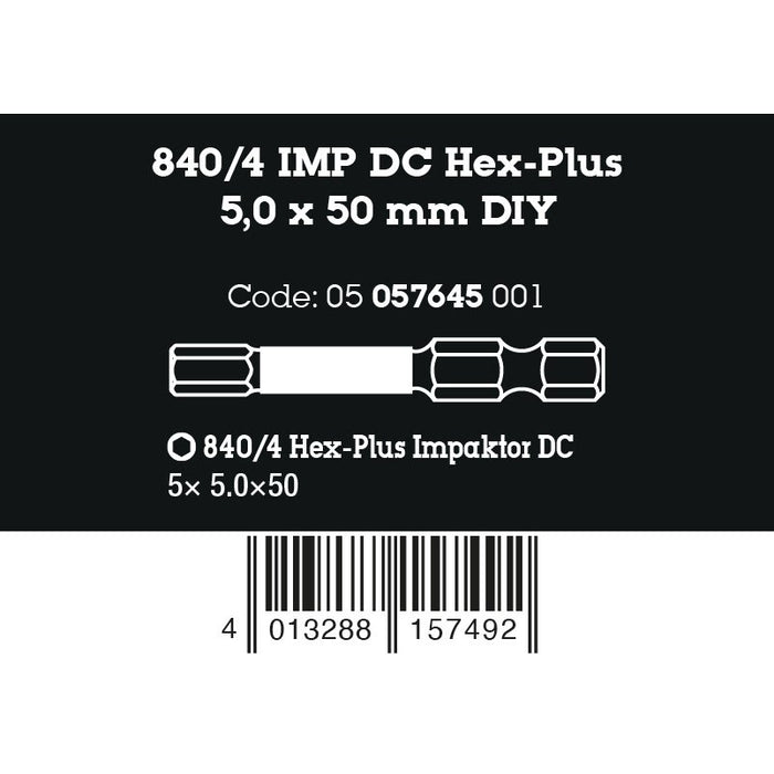 Wera 840/4 IMP DC Hex-Plus DIY Impaktor bits, 5 x 50 mm, 5 pieces