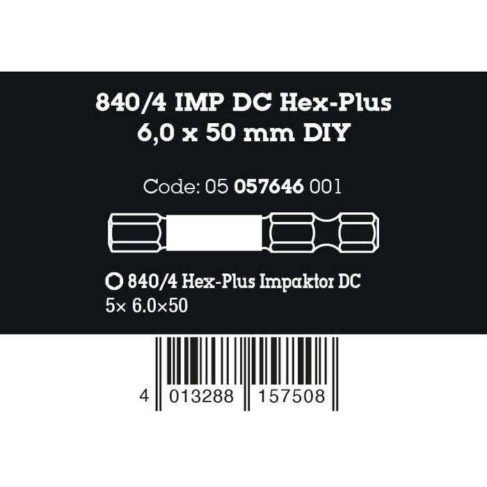 Wera 840/4 IMP DC Hex-Plus DIY Impaktor bits, 6 x 50 mm, 5 pieces