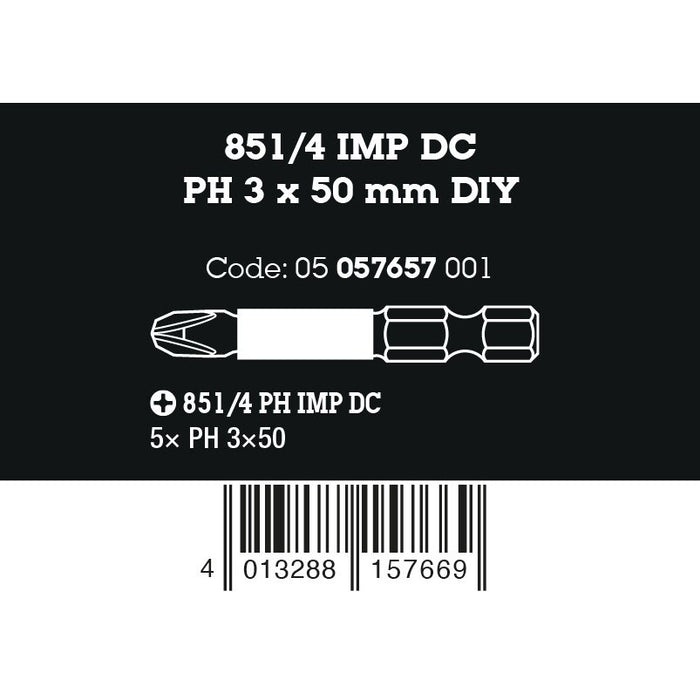 Wera 851/4 IMP DC PH DIY Impaktor PH bits, PH 3 x 50 mm, 5 pieces