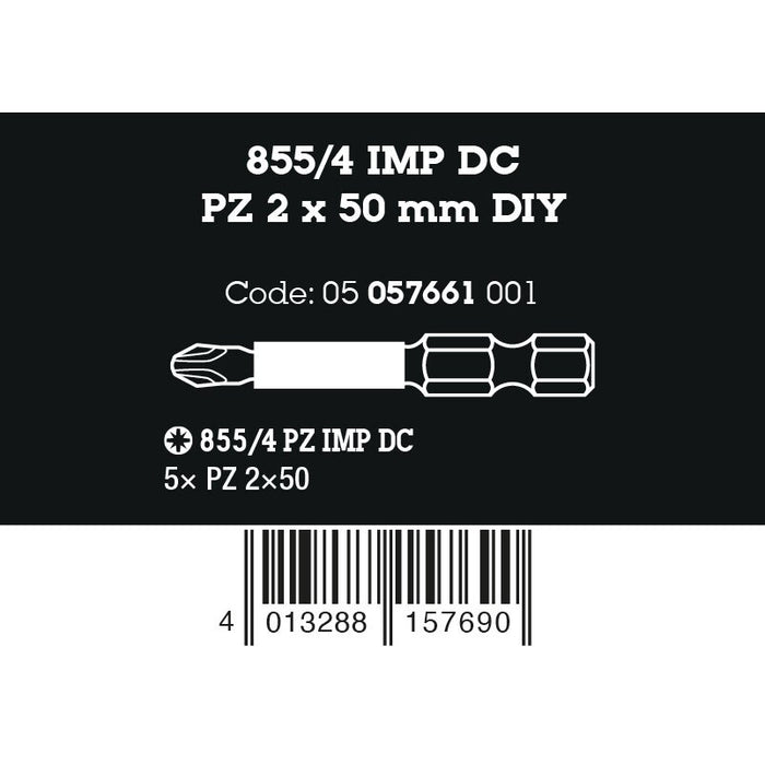 Wera 855/4 IMP DC PZ DIY Impaktor bits, PZ 2 x 50 mm, 5 pieces