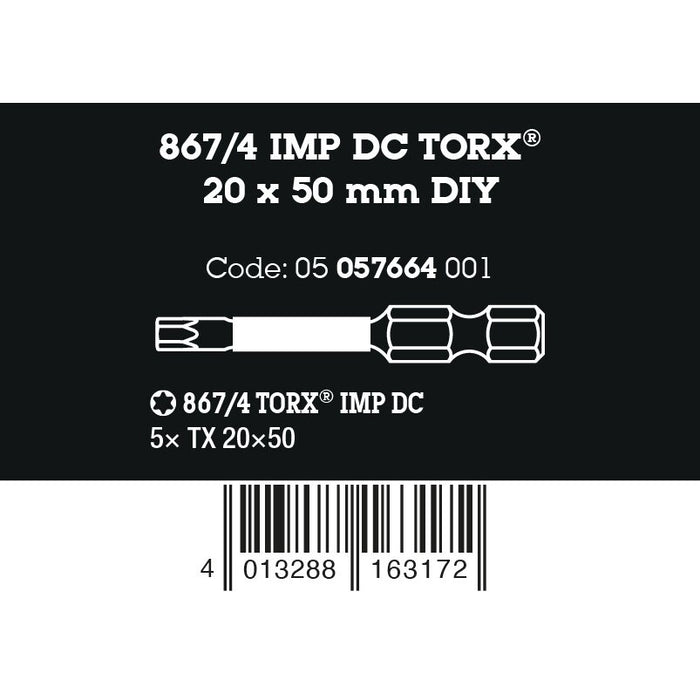 Wera 867/4 IMP DC TORX® DIY Impaktor bits, TX 20 x 50 mm, 5 pieces
