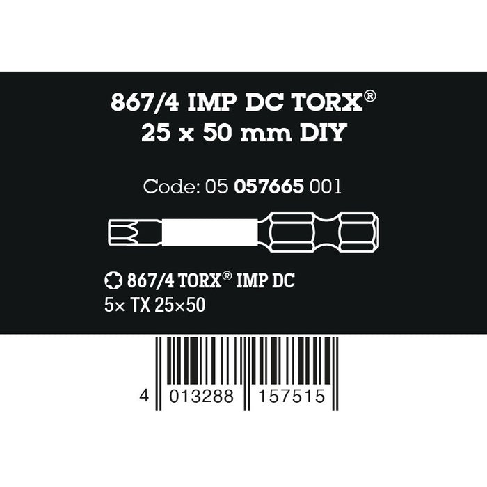 Wera 867/4 IMP DC TORX® DIY Impaktor bits, TX 25 x 50 mm, 5 pieces