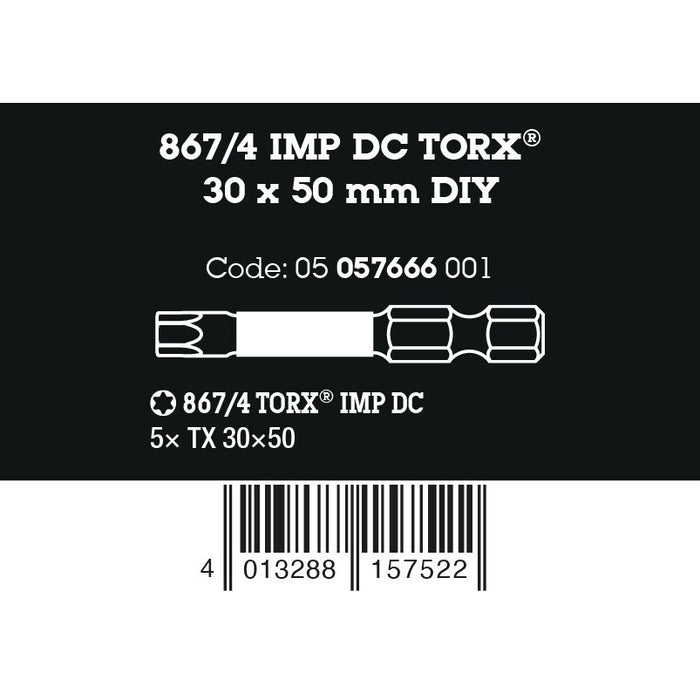Wera 867/4 IMP DC TORX® DIY Impaktor bits, TX 30 x 50 mm, 5 pieces