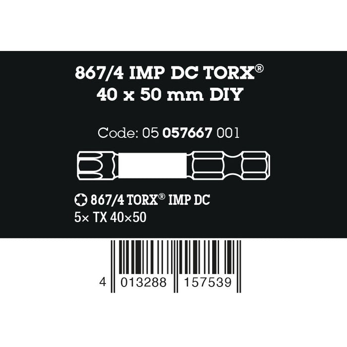 Wera 867/4 IMP DC TORX® DIY Impaktor bits, TX 40 x 50 mm, 5 pieces