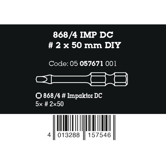 Wera 868/4 IMP DC DIY Impaktor square head socket bits, # 2 x 50 mm, 5 pieces