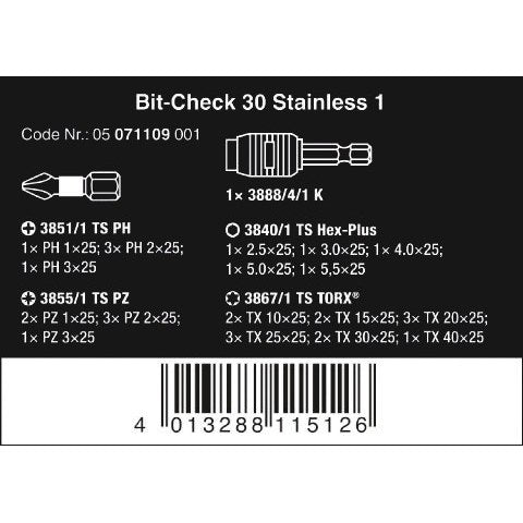 Wera Bit-Check 30 Stainless 1, 30 pieces