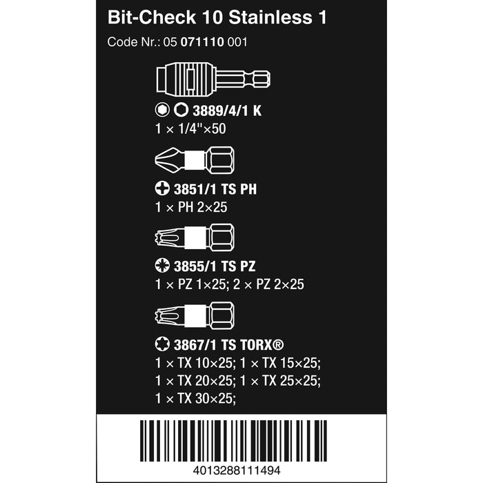 Wera Bit-Check 10 Stainless 1, 10 pieces
