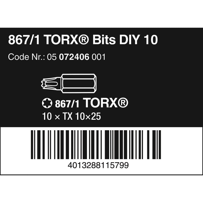 Wera 867/1 DIY TORX® bits, TX 10 x 25 mm, 10 pieces