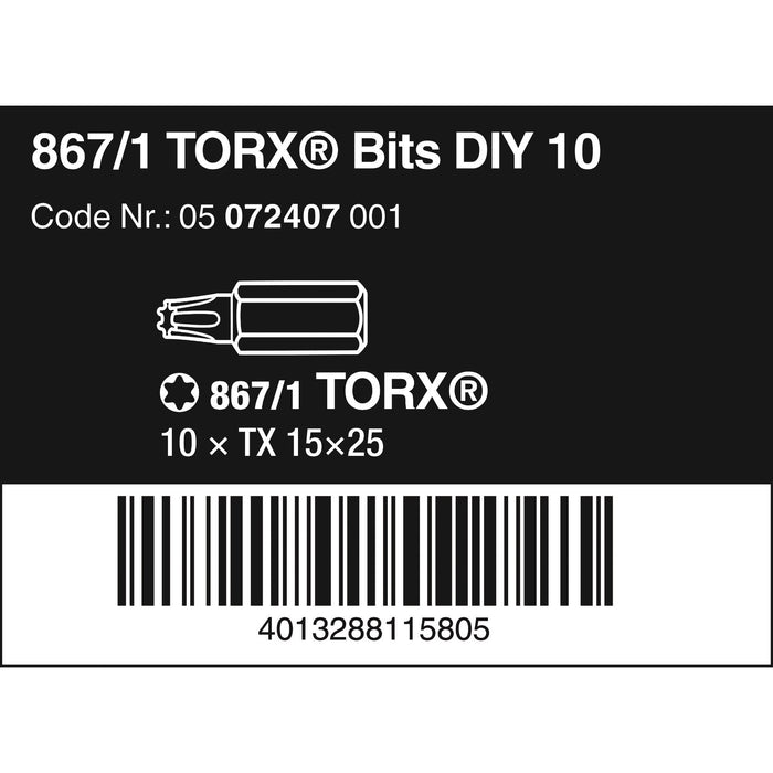Wera 867/1 DIY TORX® bits, TX 15 x 25 mm, 10 pieces