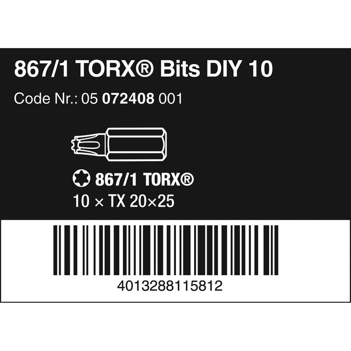 Wera 867/1 DIY TORX® bits, TX 20 x 25 mm, 10 pieces
