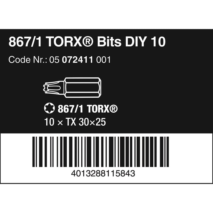 Wera 867/1 DIY TORX® bits, TX 30 x 25 mm, 10 pieces