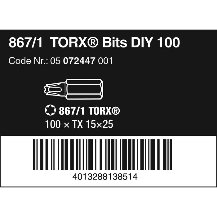 Wera 867/1 TORX® DIY 100, TX 15 x 25 mm, 100 pieces