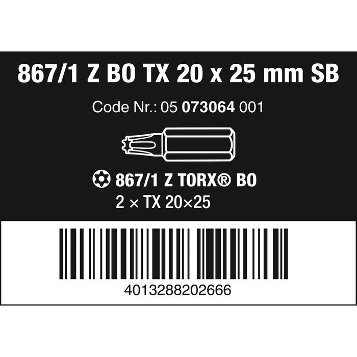 Wera 867/1 Z TORX® BO SB bits with bore hole, TX 20 x 25 mm, 2 pieces