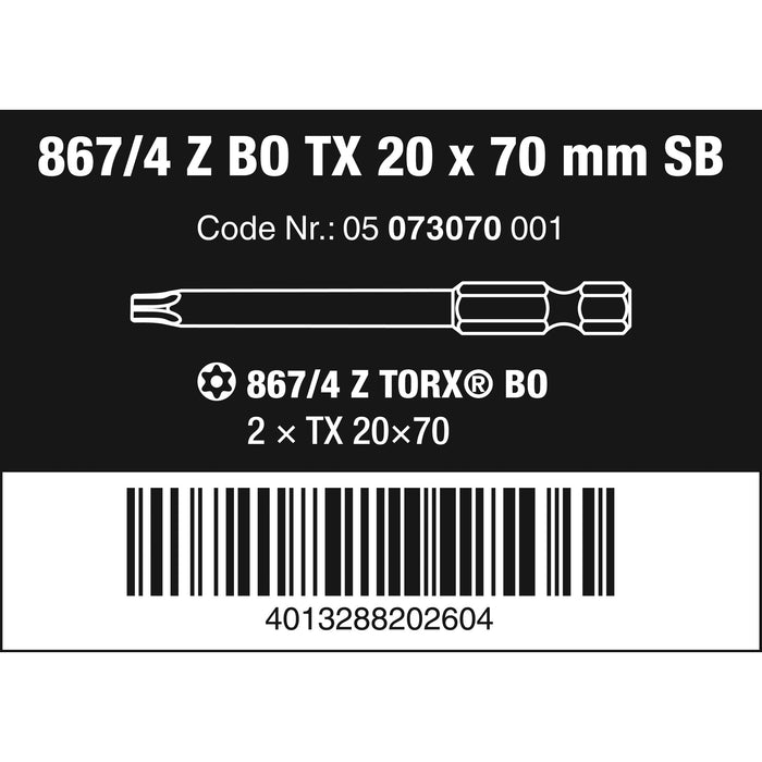 Wera 867/4 Z TORX® BO SB bits with bore hole, TX 20 x 70 mm, 2 pieces