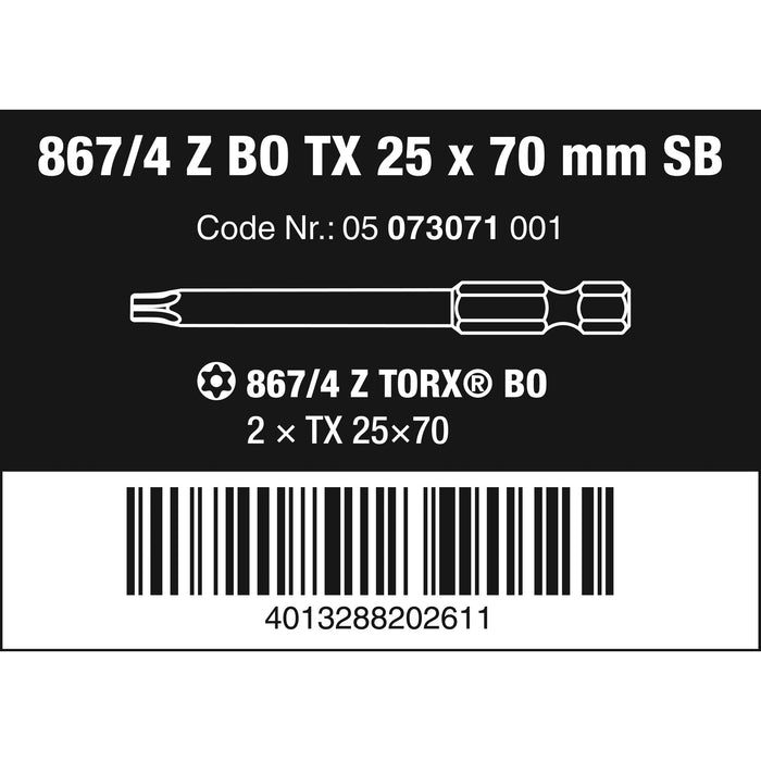 Wera 867/4 Z TORX® BO SB bits with bore hole, TX 25 x 70 mm, 2 pieces