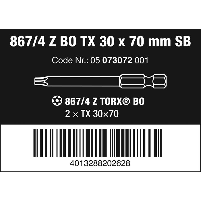Wera 867/4 Z TORX® BO SB bits with bore hole, TX 30 x 70 mm, 2 pieces