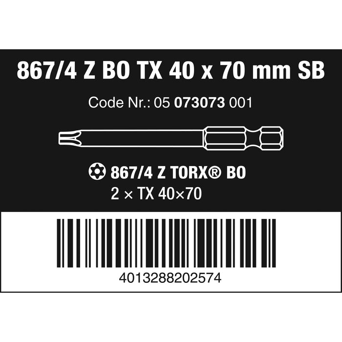 Wera 867/4 Z TORX® BO SB bits with bore hole, TX 40 x 70 mm, 2 pieces