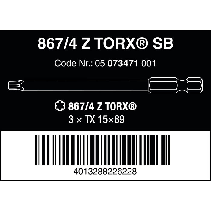Wera 867/4 Z SB TORX® Bits, TX 15 x 89 mm, 3 pieces